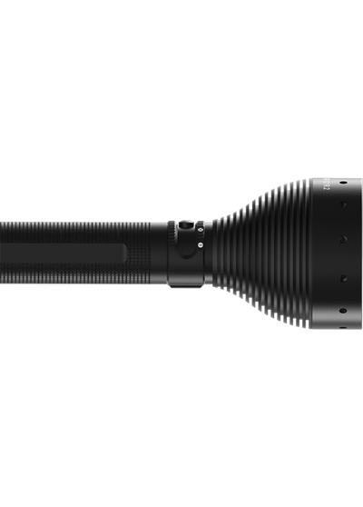 Ledlenser X21R 2 Rechargeable Torch seen from the side with long battery tube and ribbed head featuring cooling fins